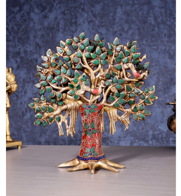 Pure Brass Handcrafted Kalpavriksha Tree - Table Standing 9" stonework